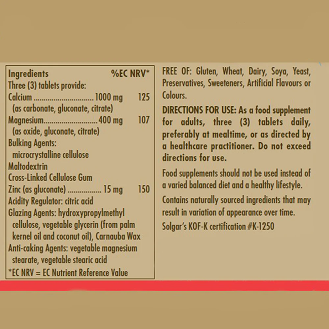 SOLGAR Calcium Magnesium plus Zinc 250 Tablets supplement label lists %EC NRV, allergen info, usage directions, ingredients (calcium, magnesium, zinc), and food supplement certification details.