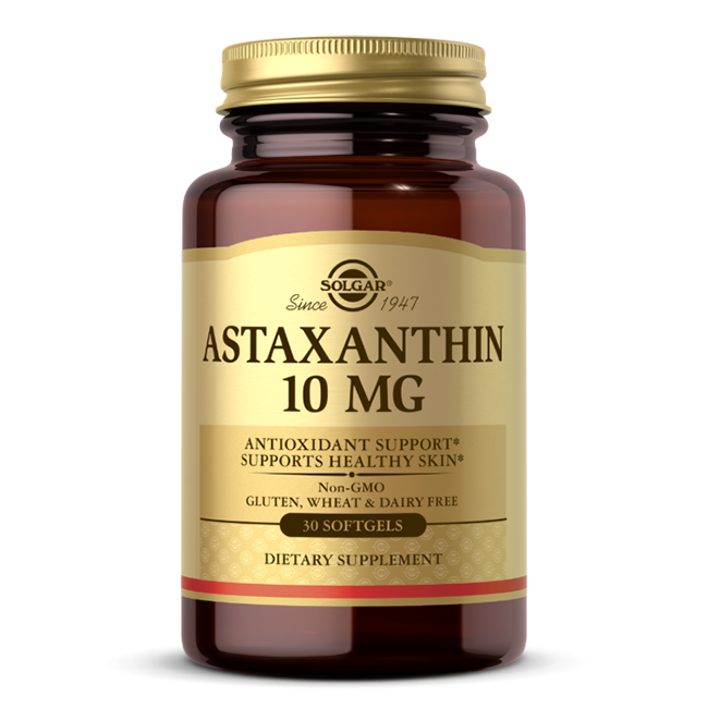 Solgar's Astaxanthin 10 mg is available in a package of 30 softgels, providing benefits like skin hydration and antioxidant support. The product is labeled as non-GMO and free from gluten, wheat, and dairy.