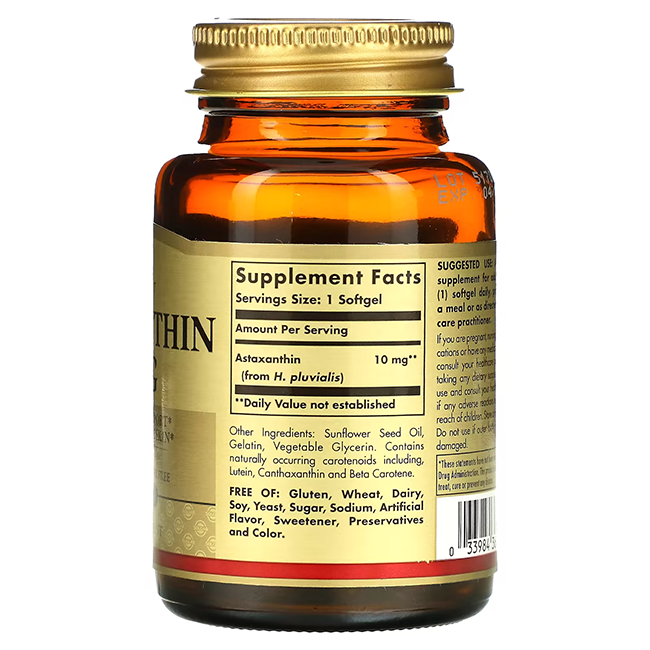 The Solgar Astaxanthin 10 mg, available in a bottle of 30 softgels, comes in brown with a gold cap. The label emphasizes astaxanthin, known for its potent antioxidant properties that aid in skin hydration. This product is formulated without gluten, wheat, and dairy.