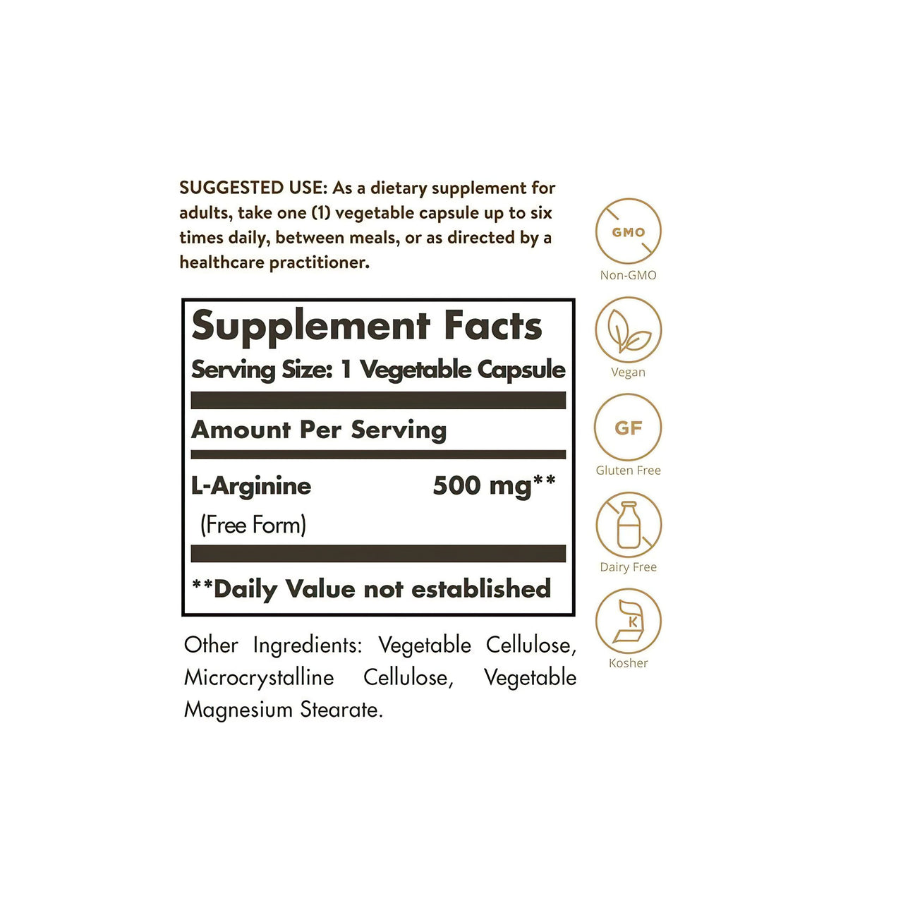L-Arginine 500 mg 100 vcaps - label