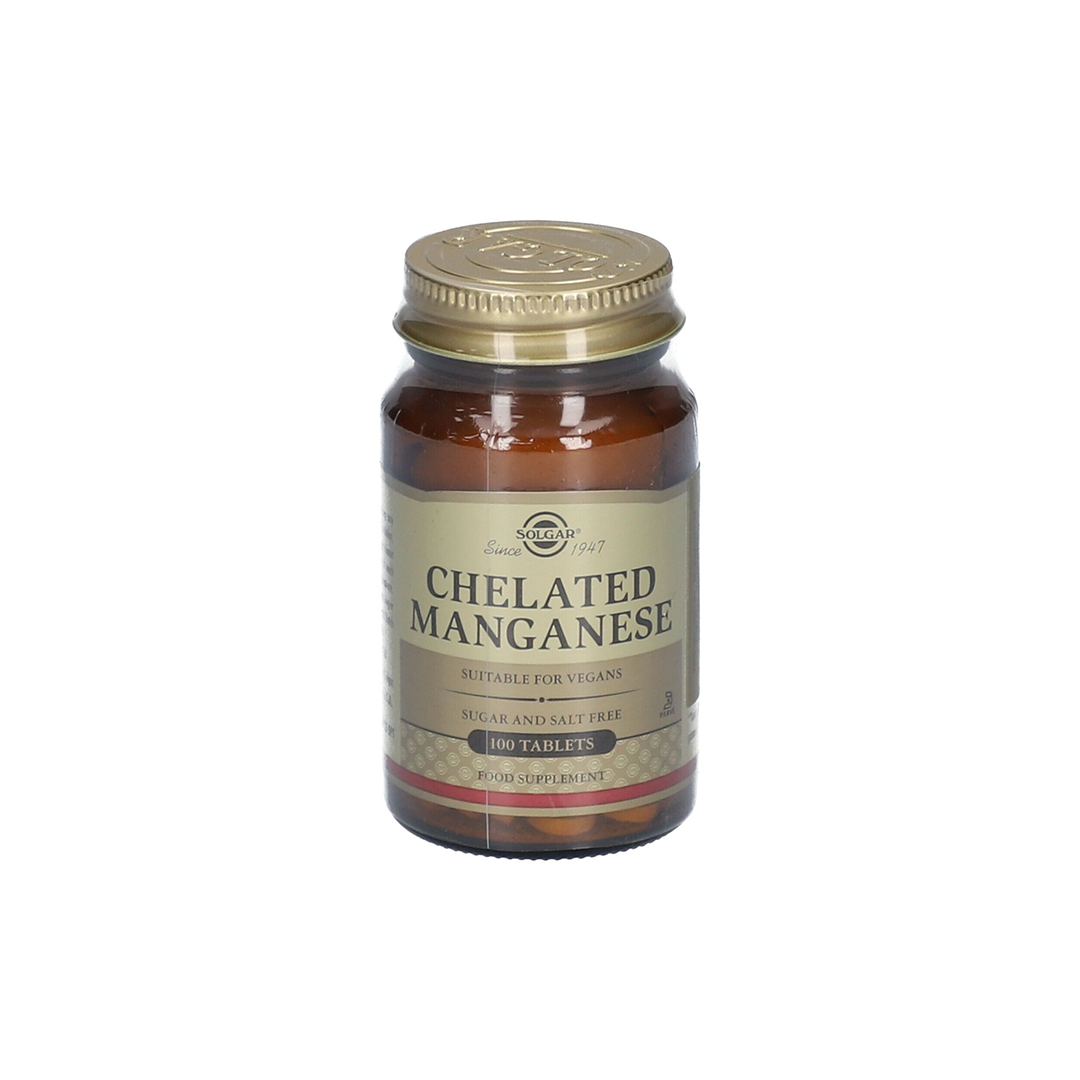 Solgar Chelated Manganese 8 mg, 100 tablets, supports bone health and is vegan, sugar-free, and salt-free.