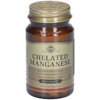 Thumbnail for Solgar Chelated Manganese 8 mg, 100 tablets: vegan-friendly, sugar- and salt-free supplement supporting bone health and cognitive function, in a glass bottle with gold cap and label.