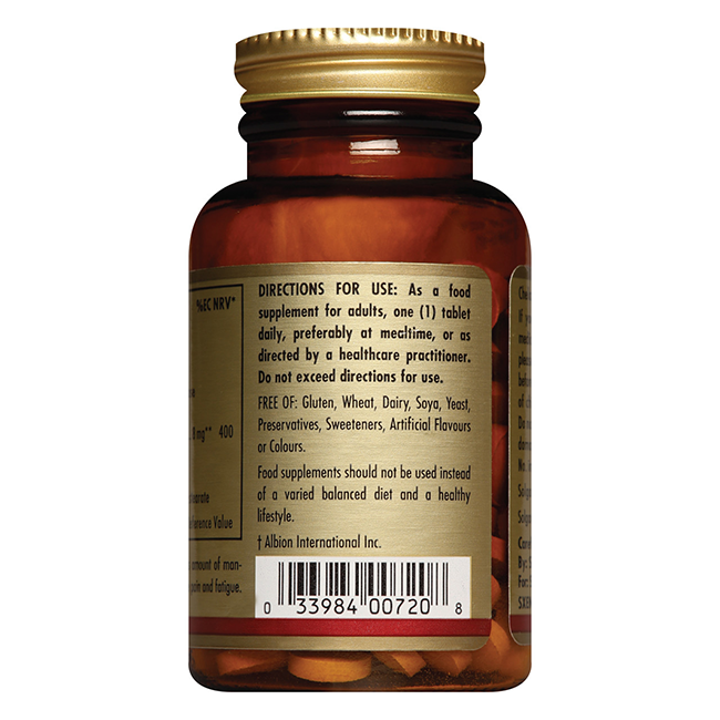 Solgar Chelated Manganese 8 mg 100 Tablets come in a brown bottle with a label that lists directions and free-from ingredients like gluten, dairy, and preservatives. Contains chelated manganese to support bone health and cognitive function.
