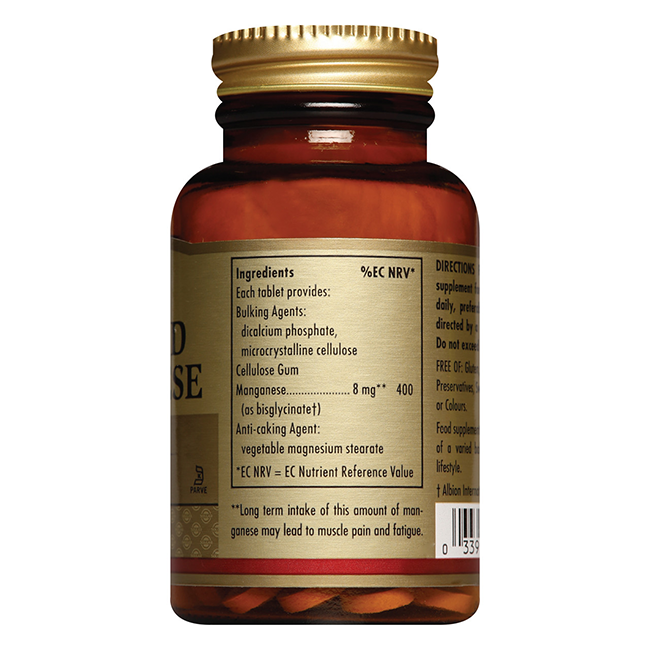 A brown Solgar Chelated Manganese 8 mg bottle with a gold cap, displaying the ingredients label and dosage for 100 tablets that support bone health and cognitive function.