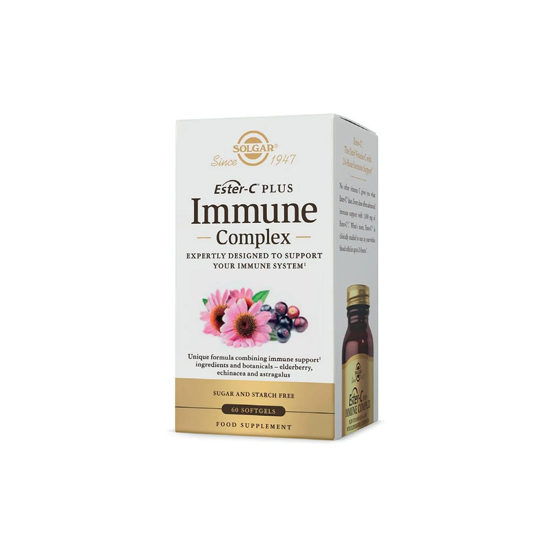 Solgar Ester-C Plus Immune Complex 60 Softgels is a food supplement with vitamin C for immune system support, labeled sugar and starch free.