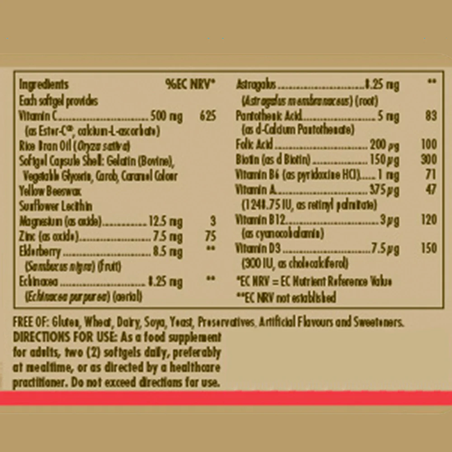 Solgar Ester-C Plus Immune Complex 60 Softgels supplement facts label lists ingredients, nutrient values, and usage directions; highlights immune support and notes it is free from gluten, dairy, soy, and preservatives.