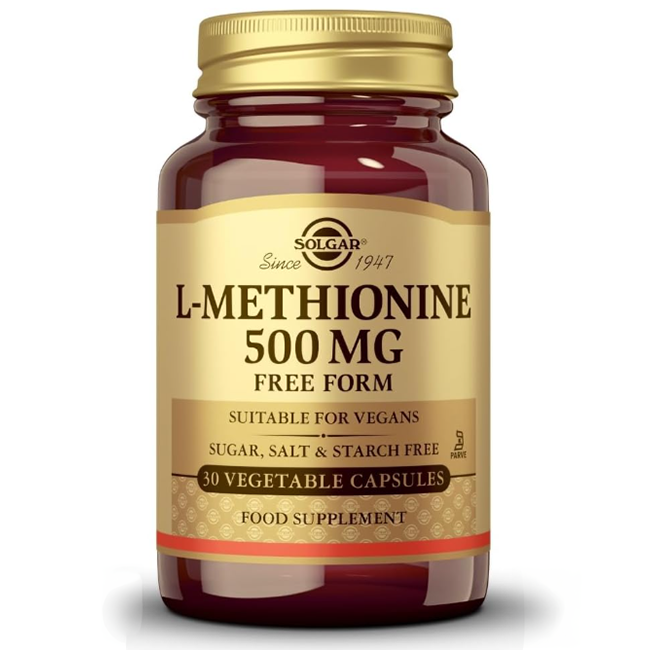 Solgar L-methionine 500 mg, 30 vegetable capsules, offers this essential amino acid to aid protein synthesis. Suitable for vegans and free from sugar, salt, and starch.