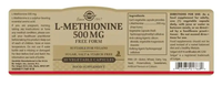 Thumbnail for Solgar L-methionine 500 mg, an essential amino acid for protein synthesis, comes in a bottle of 30 vegetable capsules. Label displays ingredients, dosage instructions, vegan suitability, and product directions.