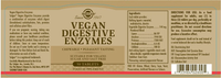 Thumbnail for Label of Solgar Vegan Digestive Enzymes 50 Tablets, showing product info, usage directions, ingredients, digestive support details, vegan suitability, and allergy advice on a beige background. Chewable tablets are also highlighted.