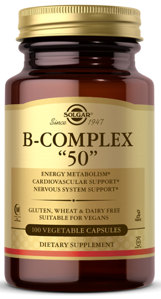 Boost your energy and combat stress with Solgar's Vitamins B-50 Complex 100 vcaps, packed with essential vitamins.