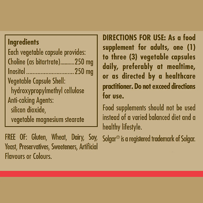 Solgar Choline 250 mg / Inositol 250 mg, 50 Vegetable Capsules: supplement label lists ingredients, dosage directions, dietary restrictions, and free-from info. Solgar is a registered trademark. Supports nervous system health.