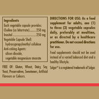 Thumbnail for Solgar Choline 250 mg / Inositol 250 mg, 50 Vegetable Capsules: supplement label lists ingredients, dosage directions, dietary restrictions, and free-from info. Solgar is a registered trademark. Supports nervous system health.