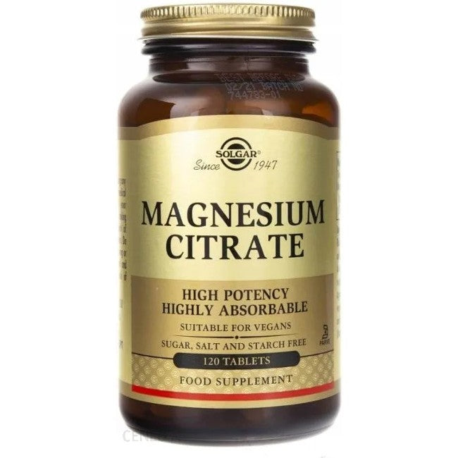 A bottle of Solgar Magnesium Citrate 400 mg, containing 120 high-potency, highly absorbable tablets, supports heart health and is suitable for vegans. It is free of sugar, salt, and starch.