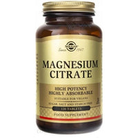 Thumbnail for A bottle of Solgar Magnesium Citrate 400 mg, containing 120 high-potency, highly absorbable tablets, supports heart health and is suitable for vegans. It is free of sugar, salt, and starch.