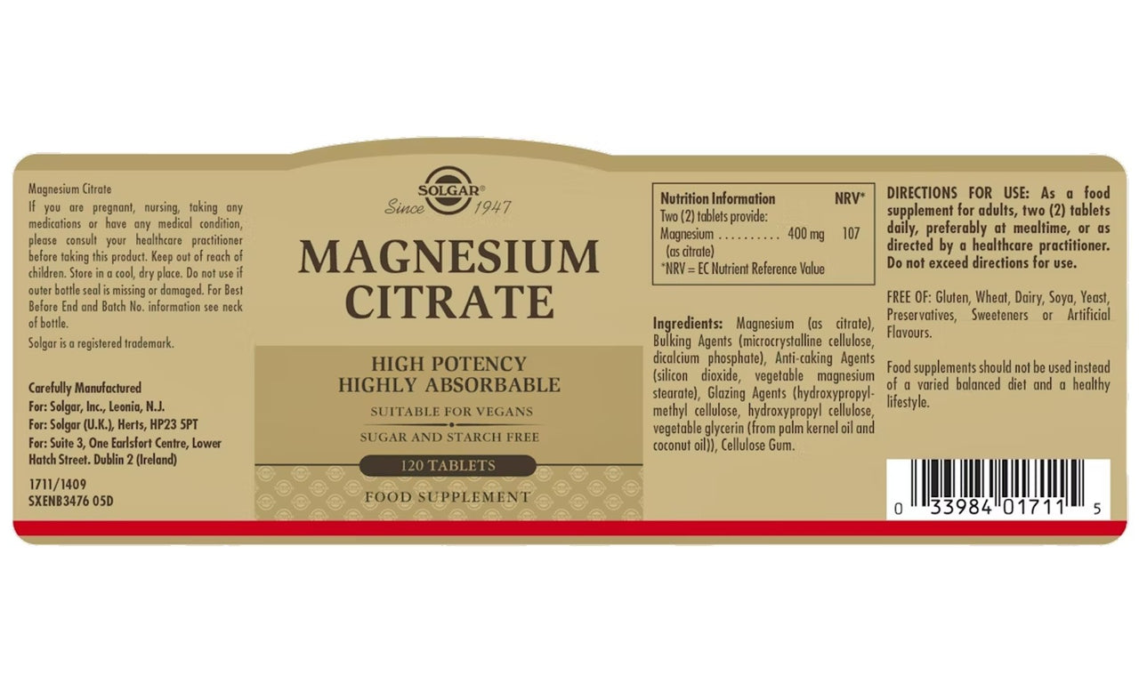 The label of a Solgar Magnesium Citrate 400 mg 120 Tablets bottle includes detailed information on dosage, ingredients, manufacturer, and directions for use. This high-potency supplement supports cardiovascular health and bone strength, is highly absorbable, and is free from sugar and starch.