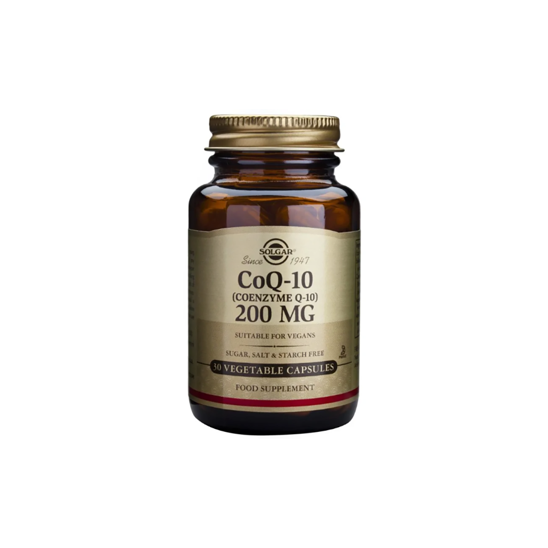 The Solgar CoQ-10 (Coenzyme Q-10) 200 mg comes in a bottle of 30 vegetable capsules, supports cardiovascular health, is suitable for vegans, and contains no sugar, salt, or starch.