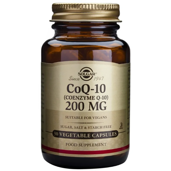 Solgar CoQ-10 (Coenzyme Q-10) 200 mg, 30 vegetable capsules, supports cardiovascular health. Suitable for vegans and free of sugar, salt, and starch.