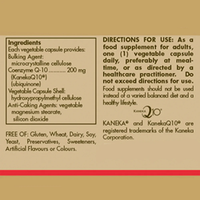 Thumbnail for Solgar CoQ-10 (Coenzyme Q-10) 200 mg, 30 vegetable capsules: Supplement label lists ingredients, usage directions, and allergen info. Supports cardiovascular health; contains no gluten, wheat, dairy, soy, yeast, preservatives, or sweeteners.