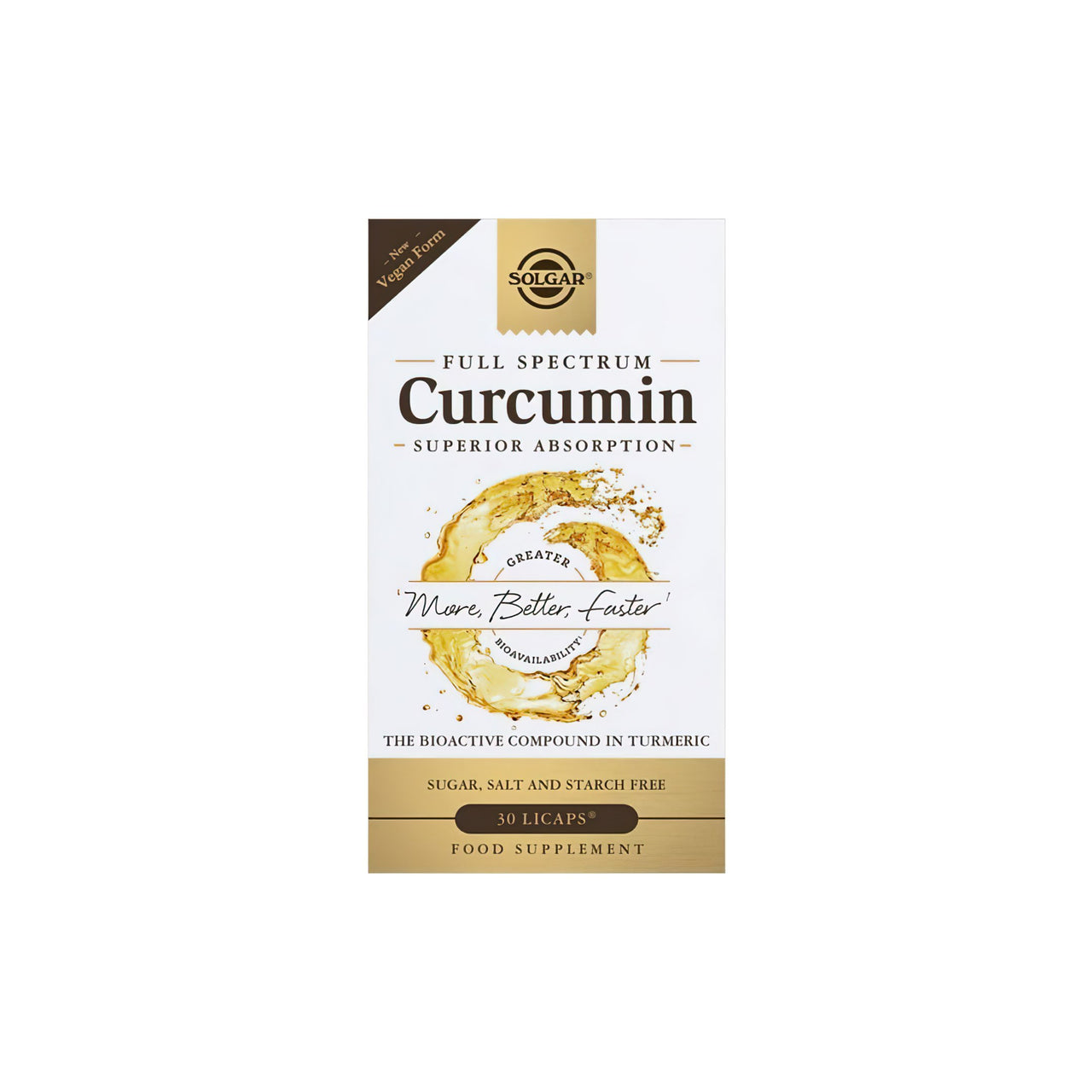 A box of Full Spectrum Curcumin 30 Liquid Extract Softgel with a gold label by Solgar.
