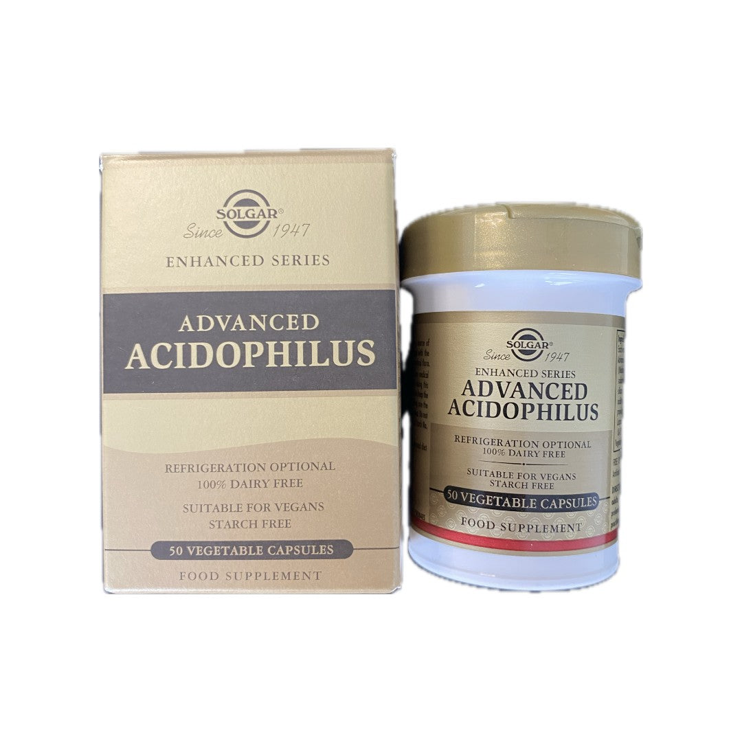 A box and a bottle of Solgar Advanced Acidophilus 50 Vegetable Capsules, part of the Enhanced Series, contain probiotic Lactobacillus acidophilus to support intestinal function. Suitable for vegans and starch-free, each container offers 50 capsules.