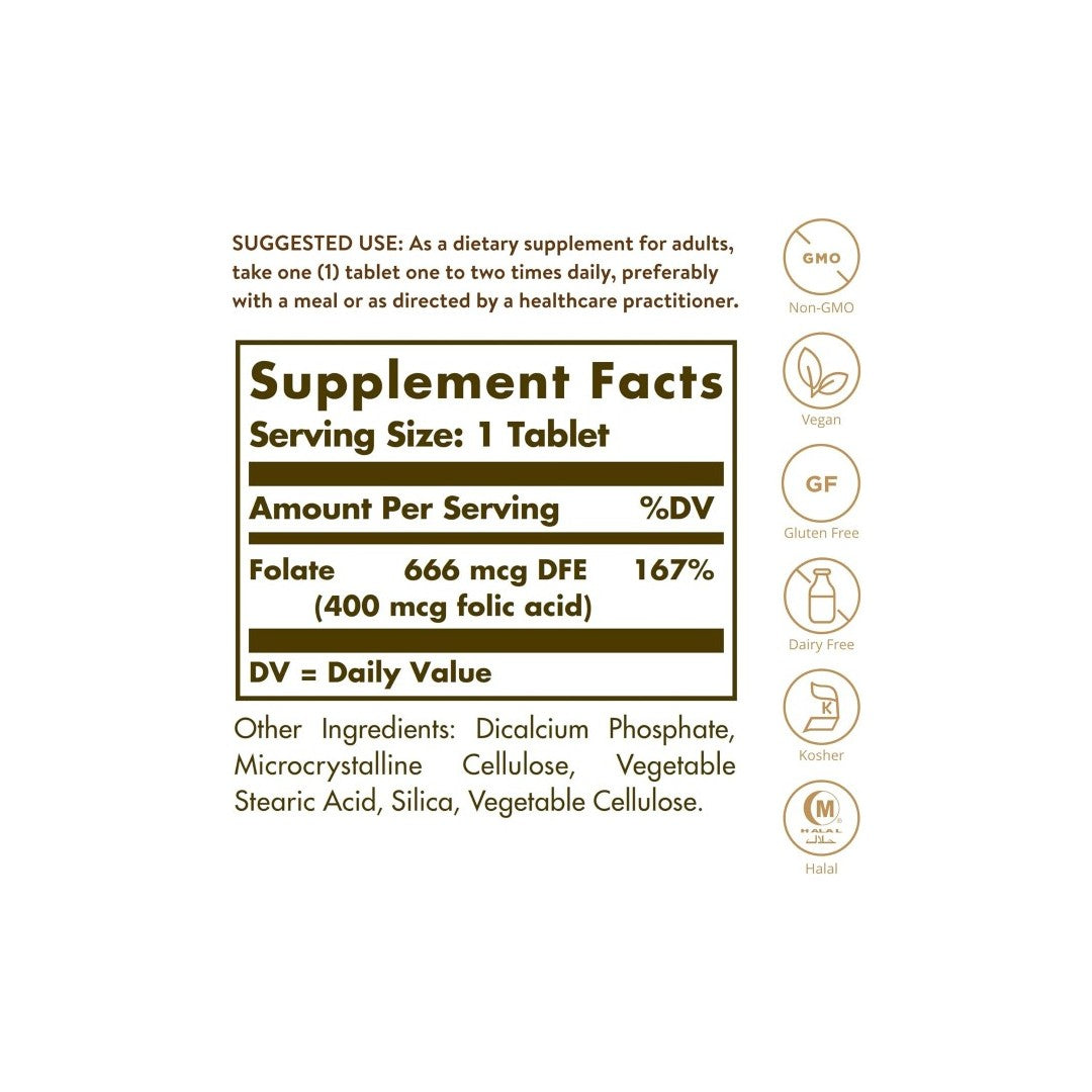 Folate 666 mcg DFE (Folic Acid 400 mcg) 250 Tablets - supplement facts