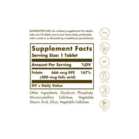 Thumbnail for Folate 666 mcg DFE (Folic Acid 400 mcg) 250 Tablets - supplement facts