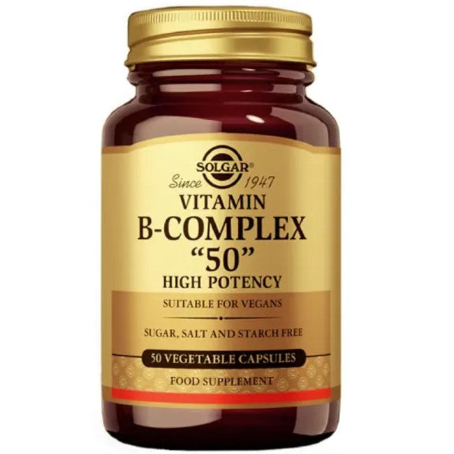 A bottle of Solgar Vitamin B-50 Complex High Potency 50 Vegetable Capsules dietary supplement, labeled as high potency, supports nervous system function, suitable for vegans, and free from sugar, salt, and starch.