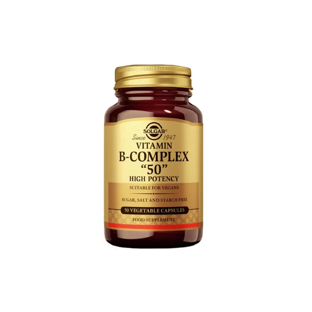 A jar of Solgar Vitamin B-50 Complex High Potency 50 Vegetable Capsules dietary supplement, containing 50 capsules, labeled as suitable for vegans.