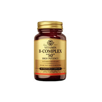 Thumbnail for A jar of Solgar Vitamin B-50 Complex High Potency 50 Vegetable Capsules dietary supplement, containing 50 capsules, labeled as suitable for vegans.