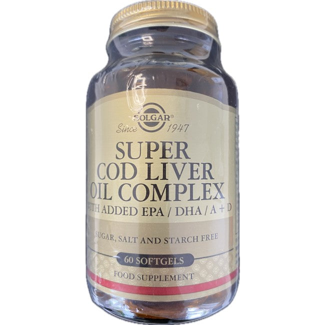 A bottle of Super Cod Liver Oil Complex 60 Softgels from Solgar, containing 60 softgels packed with Omega-3 Fatty Acids, EPA, DHA, vitamins A and D3. The label states it is sugar, salt, and starch free.
