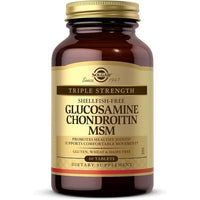Thumbnail for A bottle of Solgar Triple Strength Glucosamine Chondroitin MSM supplements for joint support, indicating it is shellfish-free and contains 60 tablets.