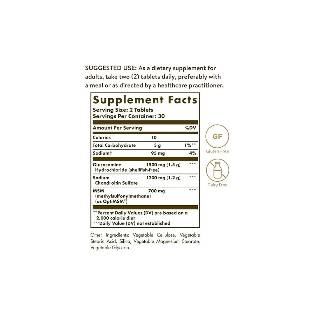 A supplement label displays nutritional facts for Solgar Triple Strength Glucosamine Chondroitin MSM tablets, serving instructions, and dietary symbols including gluten-free.