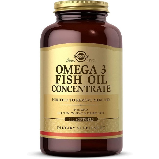 A bottle of Solgar Omega-3 Fish Oil Concentrate 240 Softgels, labeled as mercury-free, non-GMO and free from gluten, wheat, and dairy containing 240 softgels.