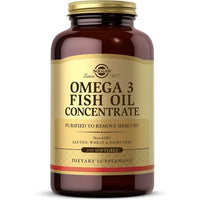Thumbnail for A bottle of Solgar Omega-3 Fish Oil Concentrate 240 Softgels, labeled as mercury-free, non-GMO and free from gluten, wheat, and dairy containing 240 softgels.