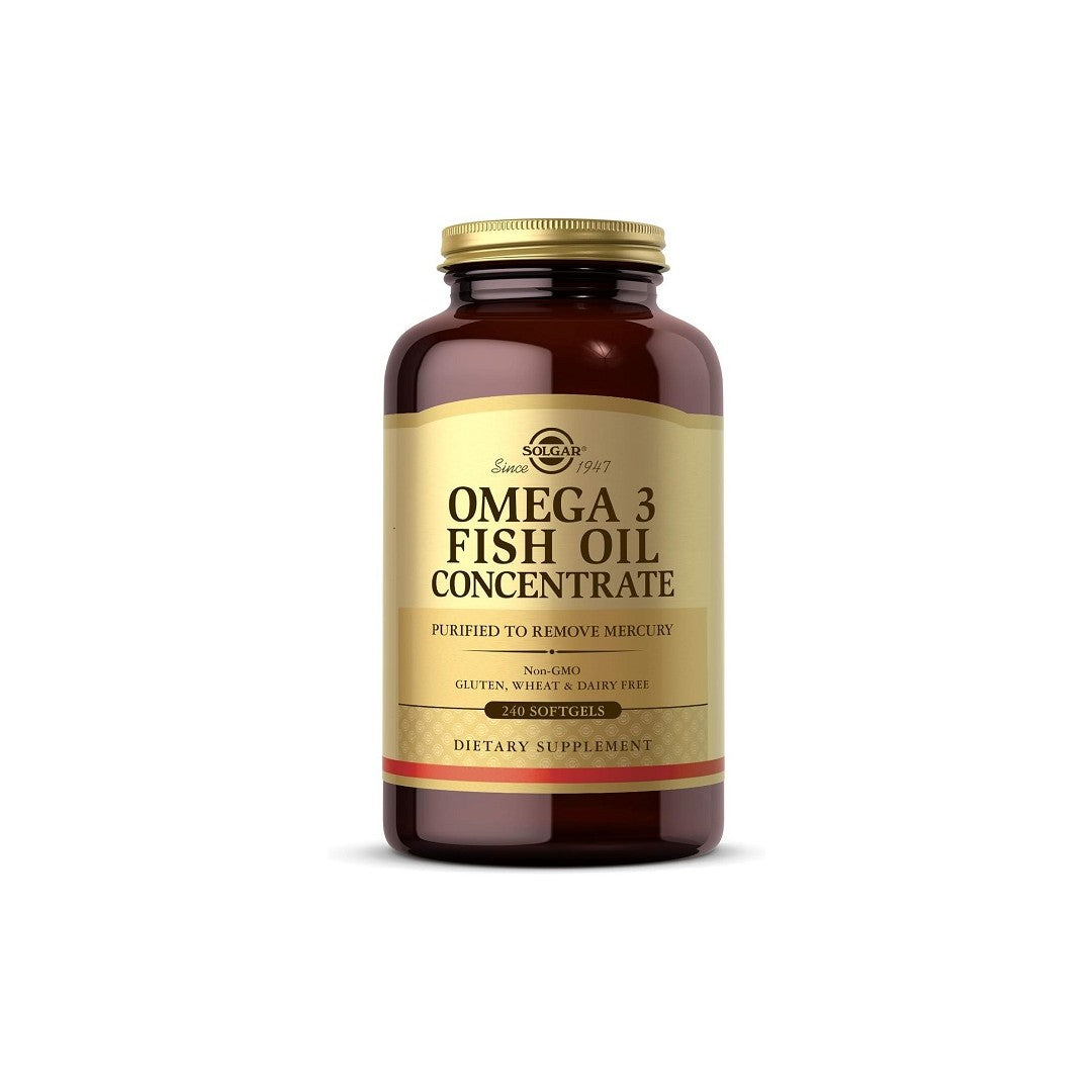 A bottle of Solgar Omega-3 Fish Oil Concentrate 240 Softgels dietary supplement, labeled as gluten-free and mercury-free, against a plain white background.