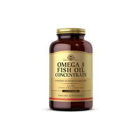 Thumbnail for A bottle of Solgar Omega-3 Fish Oil Concentrate 240 Softgels dietary supplement, labeled as gluten-free and mercury-free, against a plain white background.