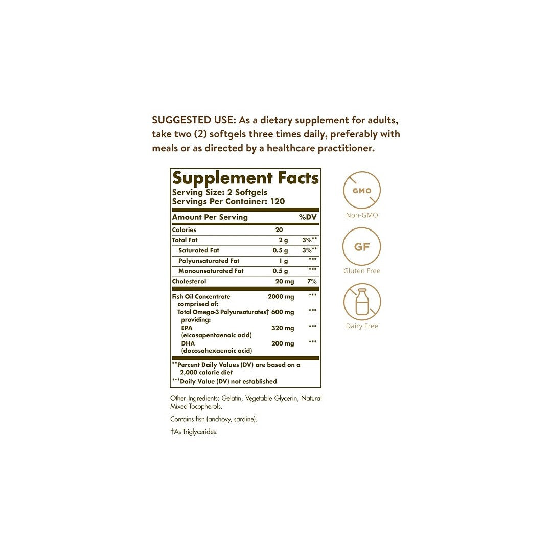 Label of Solgar Omega-3 Fish Oil Concentrate 240 Softgels highlighting cardiovascular health, showing serving size, nutrients, ingredients, and suggested use instructions.