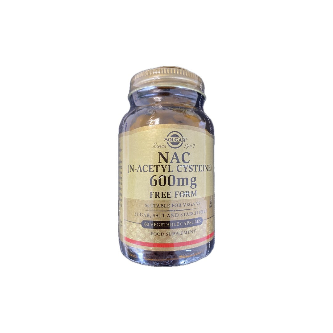 A glass bottle containing Solgar NAC (N-Acetyl-L-Cysteine) 600 mg 60 Vegetable Capsules, suitable for vegans. The label is gold with black text. NAC is known for supporting liver health and its antioxidant properties.