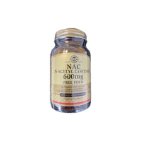 Thumbnail for A glass bottle containing Solgar NAC (N-Acetyl-L-Cysteine) 600 mg 60 Vegetable Capsules, suitable for vegans. The label is gold with black text. NAC is known for supporting liver health and its antioxidant properties.