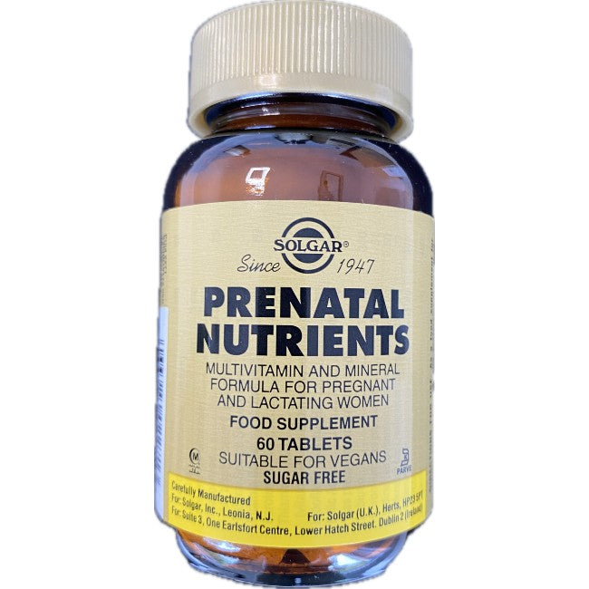 A bottle of Solgar Prenatal Nutrients 60 Tablets for pregnant and lactating women, focusing on maternal health and foetal development, containing 60 tablets, suitable for vegans and sugar-free.