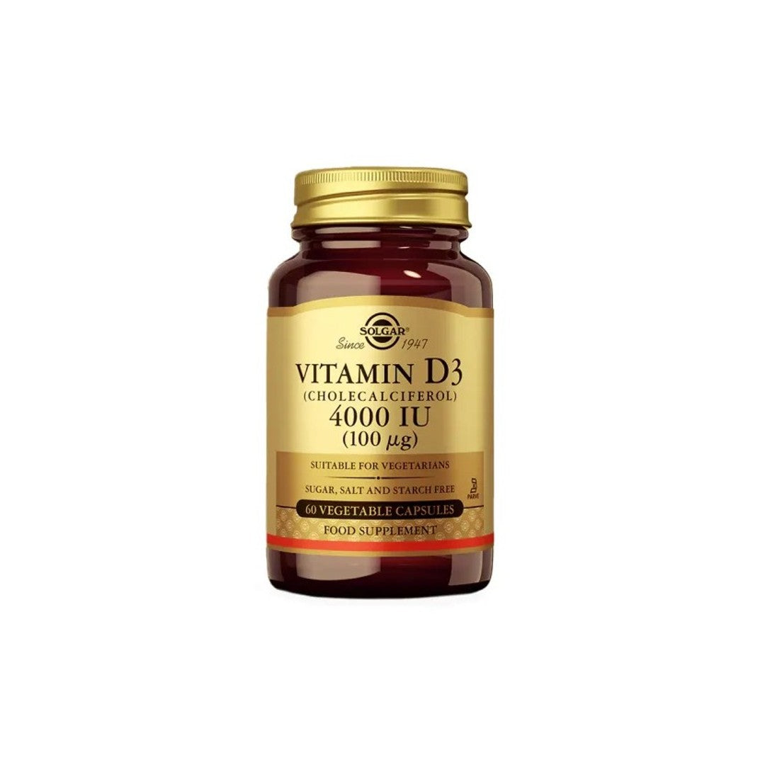 A bottle of Solgar Vitamin D3 (Cholecalciferol) 4000 IU 100 mcg 60 Vegetable Capsules dietary supplement, suitable for vegetarians and supporting bone health, against a white background.