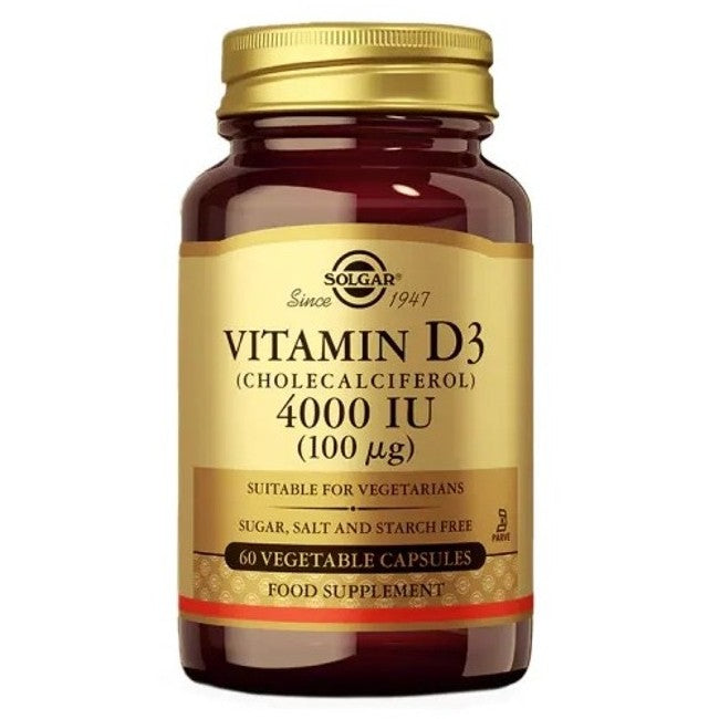 A jar of Solgar brand Vitamin D3 (Cholecalciferol) 4000 IU 100 mcg 60 Vegetable Capsules supplements, listing 4000 IU per capsule and highlighting suitability for vegetarians, supports bone health.