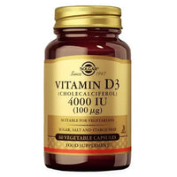 Thumbnail for A jar of Solgar brand Vitamin D3 (Cholecalciferol) 4000 IU 100 mcg 60 Vegetable Capsules supplements, listing 4000 IU per capsule and highlighting suitability for vegetarians, supports bone health.