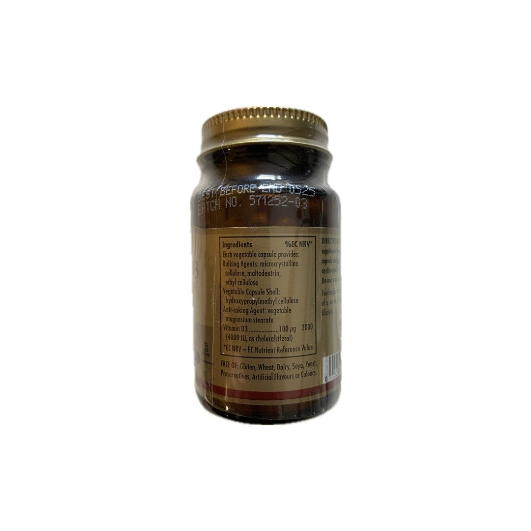 A jar with a label showing nutritional information, **Vitamin D3 (Cholecalciferol) 4000 IU 100 mcg 60 Vegetable Capsules** content, and a batch number on a white background.