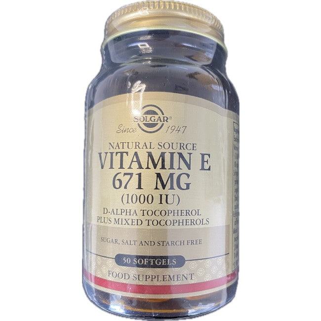 A glass bottle labeled "Solgar Vitamin E 671 mg (1000 IU) 50 Softgels," containing 50 softgels. Known for its antioxidant properties, it is marked as sugar, salt, and starch free, featuring D-Alpha Tocopherol and mixed tocopherols to support heart health.