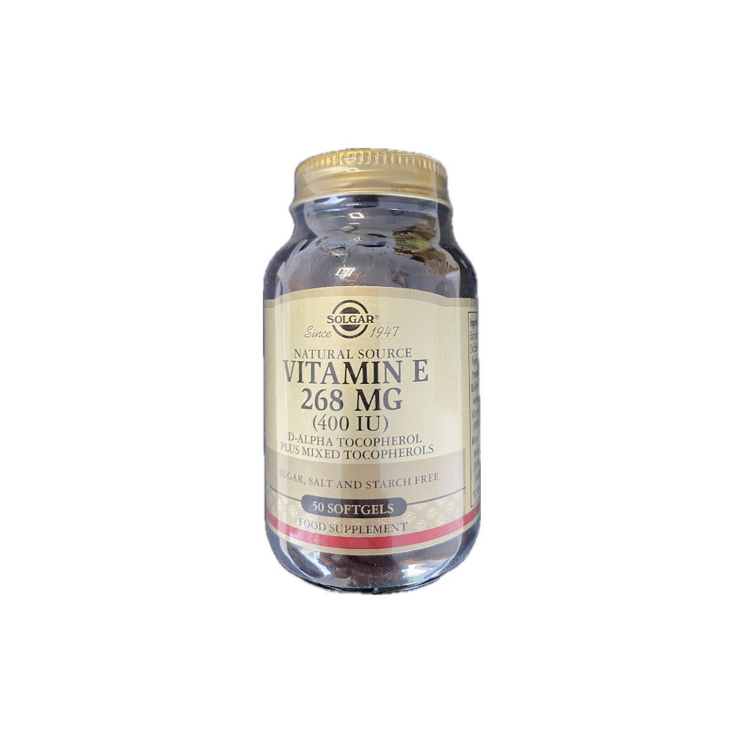 A bottle of Solgar Vitamin E 268 mg (400 IU) 50 Softgels supports your immune system with antioxidant properties. The clear bottle with a gold label and lid indicates it is sugar, salt, and starch-free.