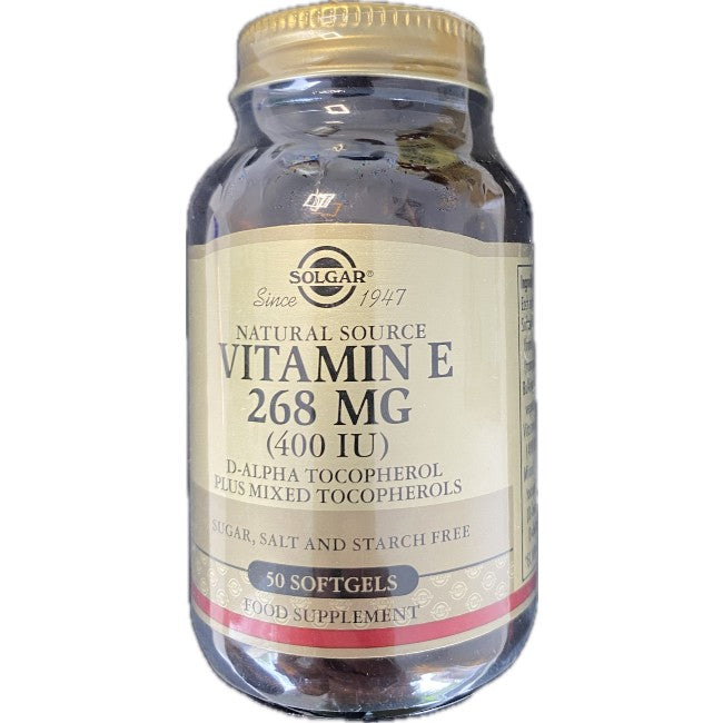A jar of Solgar Vitamin E 268 mg (400 IU) 50 Softgels. Renowned for its antioxidant properties, it supports the immune system. The label indicates it is sugar, salt, and starch-free. The jar is amber with a gold cap.