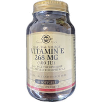 Thumbnail for A jar of Solgar Vitamin E 268 mg (400 IU) 50 Softgels. Renowned for its antioxidant properties, it supports the immune system. The label indicates it is sugar, salt, and starch-free. The jar is amber with a gold cap.