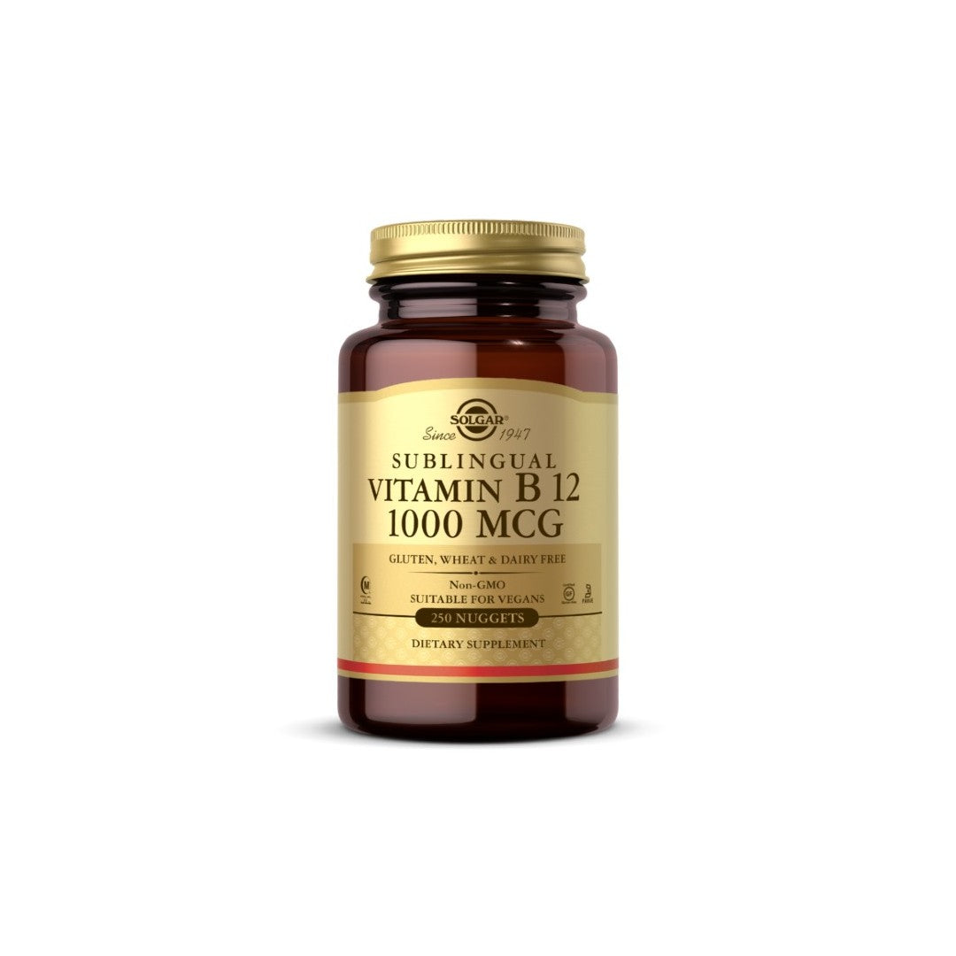 A brown bottle labeled "Vitamin B12 (Cyanocobalamin) 1000 mcg 250 Nuggets" with 240 nuggets, gluten, wheat, and dairy-free, non-GMO, suitable for vegans. Essential for energy production and nervous system health from Solgar.