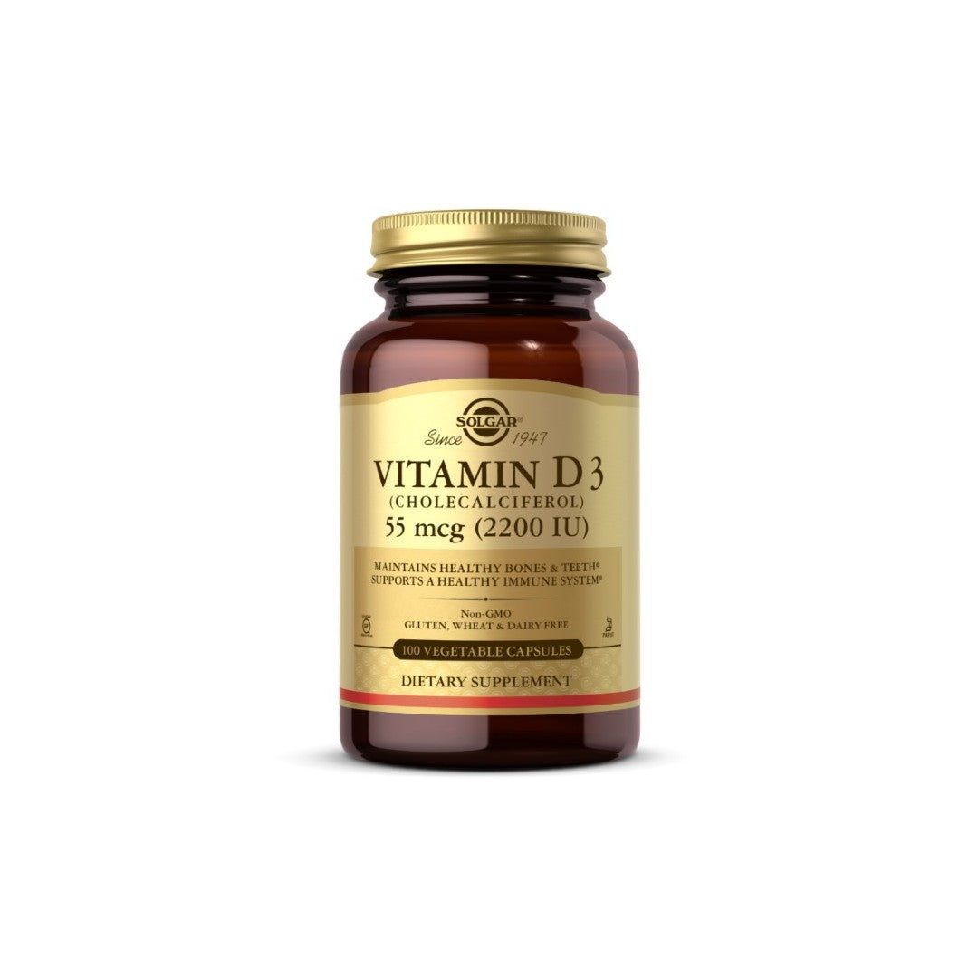 Brown bottle labeled "Solgar Vitamin D3 (Cholecalciferol) 55 mcg (2,200 IU) 100 Vegetable Capsules" with yellow and red details, containing 100 vegetable capsules. Supports both immune system and bone health.